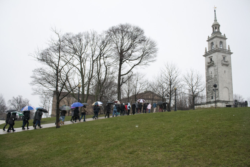 The outdoor ecumenical Way of the Cross ended at Dorchester Heights on Good Friday, March 25, 2016. (Photo by Susan Doucet)